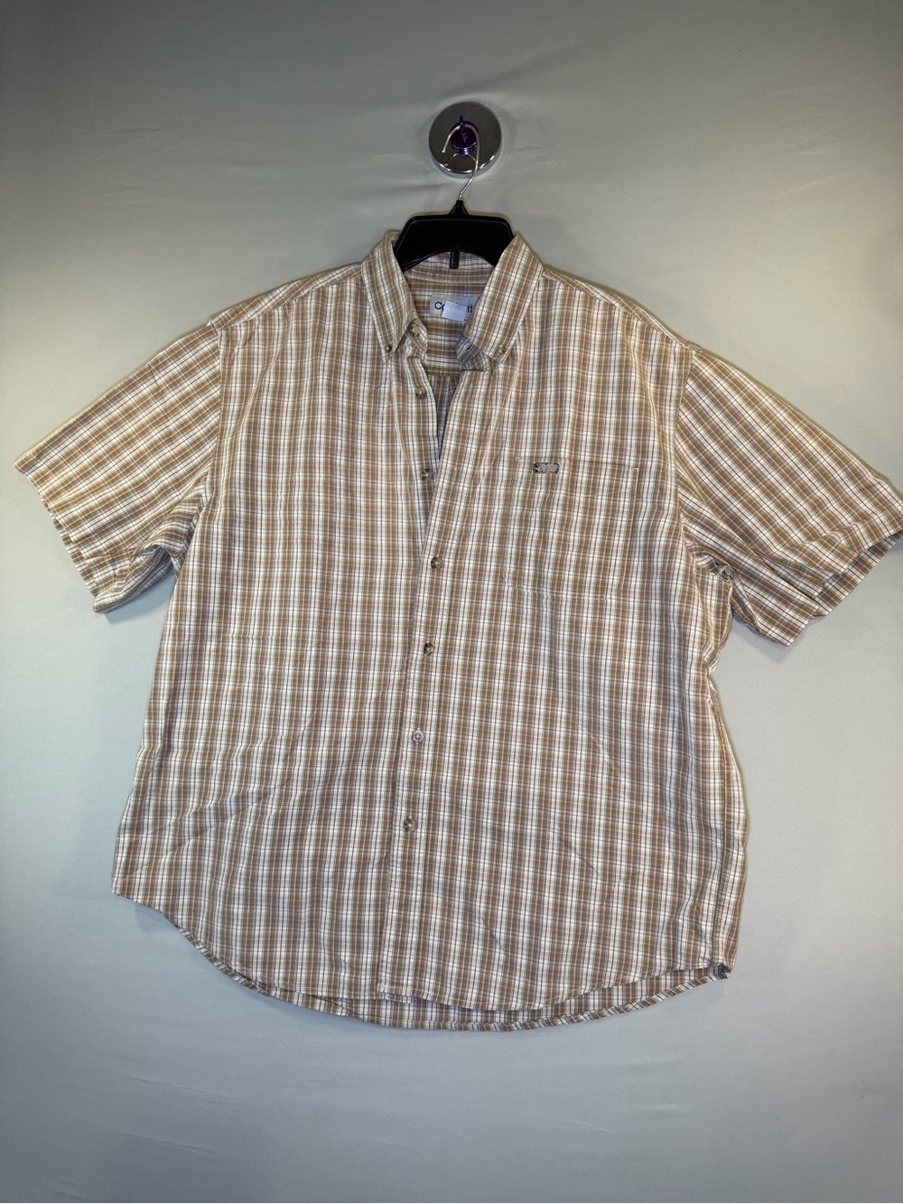 Carhartt Tan and White Plaid Short-Sleeve Button-Down Shirt